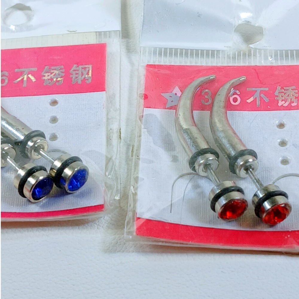 Vintage 90s 316L Steel 14G Faux Taper Claw Earrings Red Blue Rhinestone 2 Pair - Picture 14 of 14